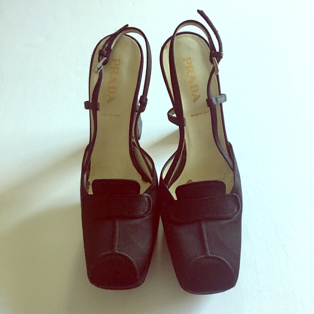 Prada 5 inch Black Satin Heels Size 37 1/2
